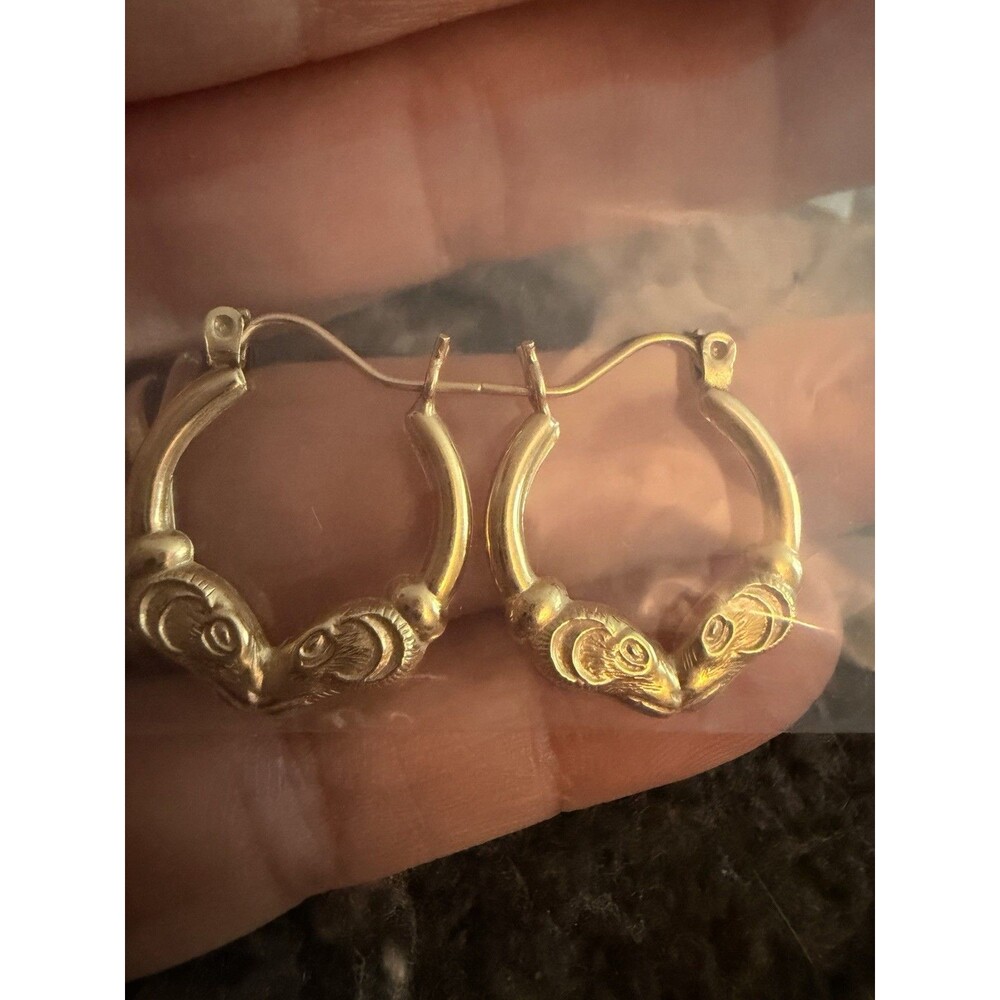 Vintage 14K Gold Ram Head Hoop Earrings JAW Designer 0.87g Aries Figural